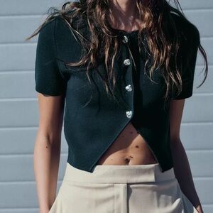 Zara Elegant forest dark green short sleeve silver button top, cardigan